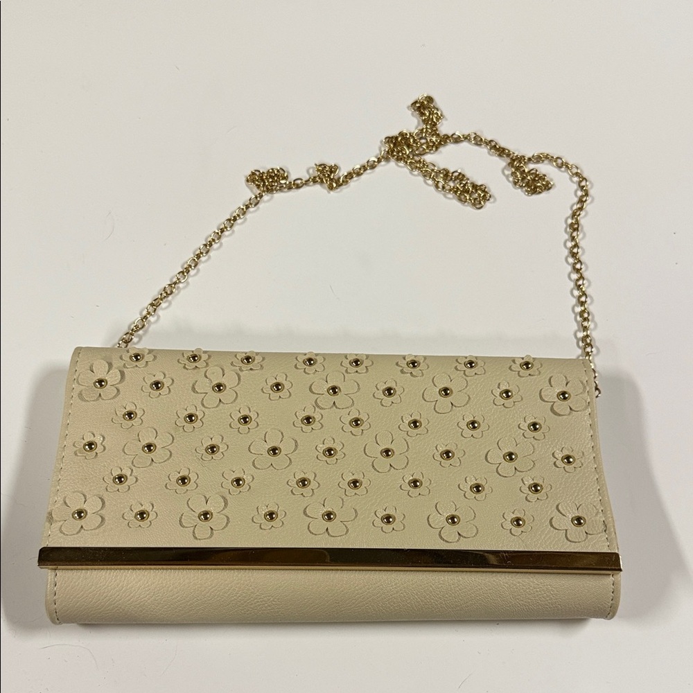 Elegant Cream Floral Clutch with Gold Chain